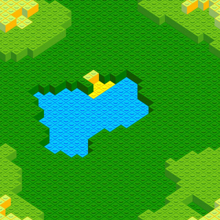 Seamless blocks rural landscape with pond and houseのイラスト素材