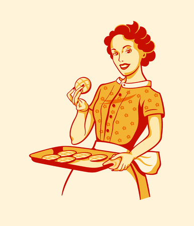 Retro housewife with fresh baked cookiesのイラスト素材
