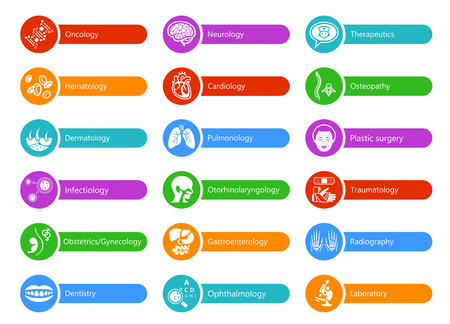 Colorful stickers for hospital with major medical specialtiesのイラスト素材