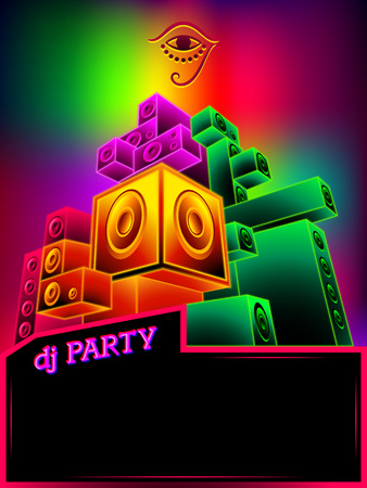 Poster template with rainbow neon loudspeakers for dj partyのイラスト素材