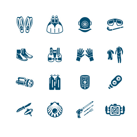 Scuba diving clothing, gear and tools blue icon-setのイラスト素材