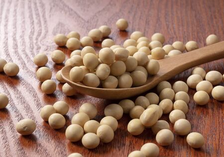Japanese style background. Soybeans and spoon
