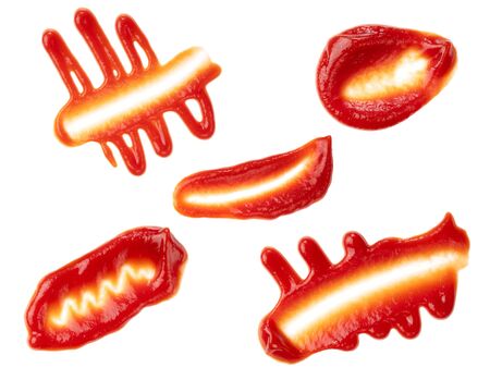 Shooting various shapes of ketchup on white background from aboveの写真素材