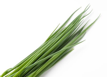 The green onions placed on the white background were photographed from an angleの写真素材