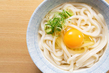 Japanese Ingredients. Udon noodles with egg and chopped green onionの写真素材