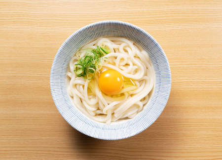 Japanese Ingredients. Udon noodles with egg and chopped green onionの写真素材