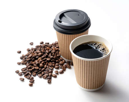 A paper cup of coffee and coffee beans on a white backgroundの写真素材
