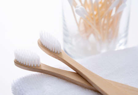 Bamboo toothbrush and bamboo cotton swabsの写真素材