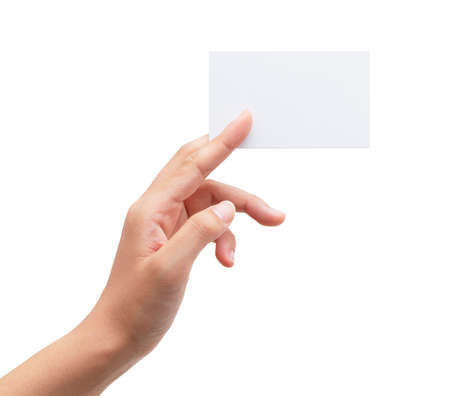 A woman's hand holding a plain business card on a white background