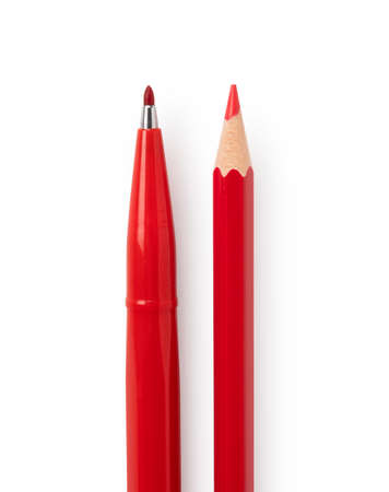 Red pen on white backgroundの写真素材