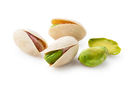 Pistachios placed on a white background. Focus stackingの写真素材