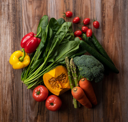 Many kinds of fresh vegetables placed on a wooden background. View from aboveの写真素材