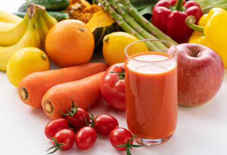 A lot of different kinds of vegetables and fruits on a white background and a glass of vegetable juiceの写真素材