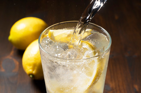 Pour soda water into a glass of lemon placed against a dark wooden background. Image of a lemon cocktailの写真素材