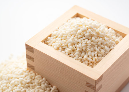Glutinous rice in a masu (wooden box) set against a white backgroundの写真素材