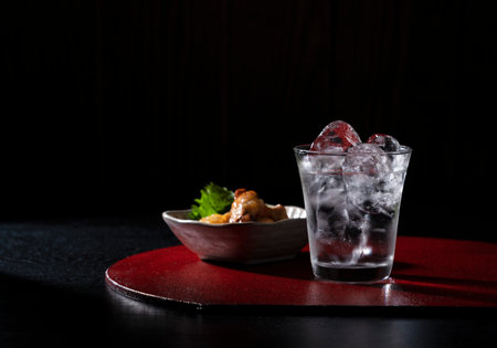 Shochu and nibbles on a red tray on a black background with copy space. The image of Japanese liquor.の写真素材