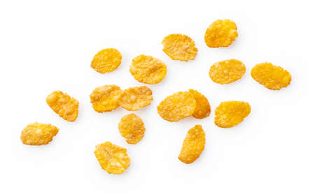 Cornflakes placed on a white background. View from directly above.