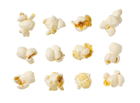 Lots of popcorn on a white background. View from above.の写真素材