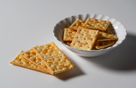 Crackers in a dish placed on a white background. Close-up.の写真素材