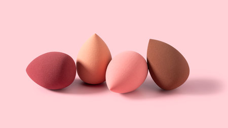 Multiple egg-shaped makeup sponges placed on a pink background.の写真素材