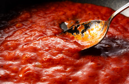 Scoop up the tomato sauce in the pan with a spoon. Cooking scene. Close-up.の写真素材