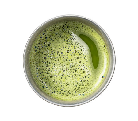 Matcha green tea on white background. Viewed from directly above.の写真素材