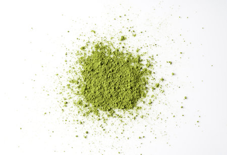 Matcha green tea on white background. Matcha powder. View from above.の写真素材