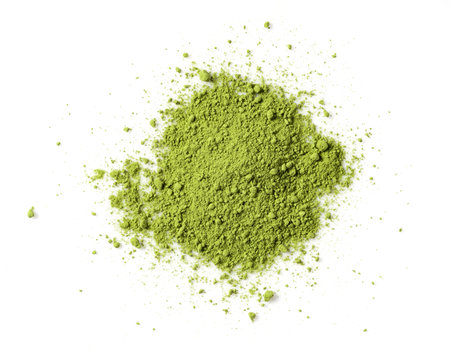 Matcha green tea on white background. Matcha powder. View from above.の写真素材