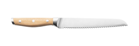 Bread knife placed on white background. View from directly above.の写真素材