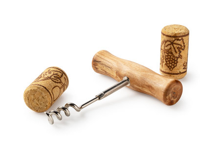 Corkscrew and wine cork isolated on a white background.の写真素材