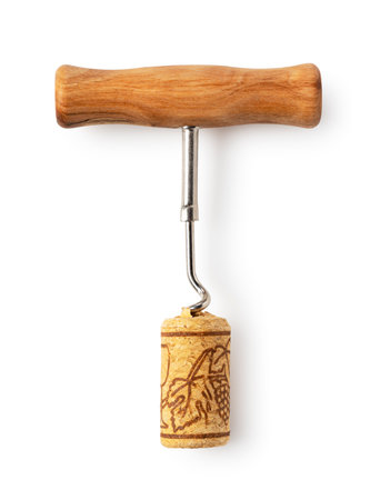 Corkscrew and wine cork isolated on a white background.の写真素材
