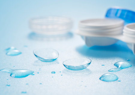 Contact lenses and cases placed on a blue background with water droplets. Image of contact lenses.の写真素材