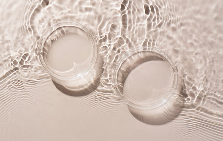 Two Petri dishes on beige background with ripples. Abstract nature background of product presentation. Flat lay cosmetic mockup, space for copy .の写真素材