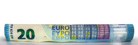 Euro banknotes rolled into a tube. European Union money. Close-up. Isolated white background. Concept for design.の写真素材