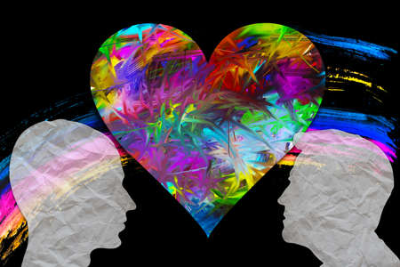 Silhouettes of two men on a background of hearts in LGBT colors on a background of a rainbow. Black background. Valentine's Day.の写真素材