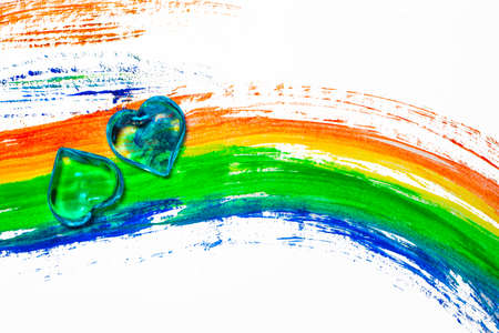 Gay love. Two blue hearts on a rainbow LGBT background. Pride tape Symbol. Isolated on white background. Love, human rights, tolerance. Valentin's Day.の写真素材