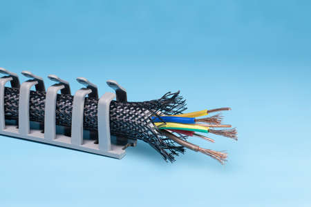 Cable trays. Cable routing system. Cable insulation and braid. Electrician. Copy space.の写真素材
