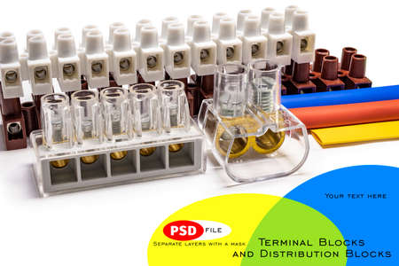 Terminal blocks and distribution blocks. Connecting electrical cables of different voltages. Connection to an electrical terminal. Electrician. Copy space.の写真素材