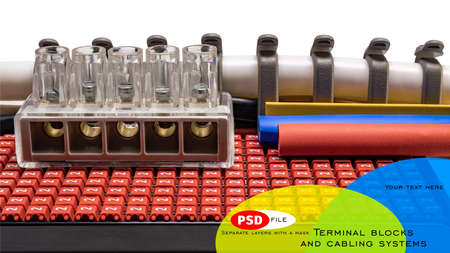 Terminal blocks and distribution blocks. Connecting electrical cables of different voltages. Connection to an electrical terminal. Electrician. Copy space.の写真素材