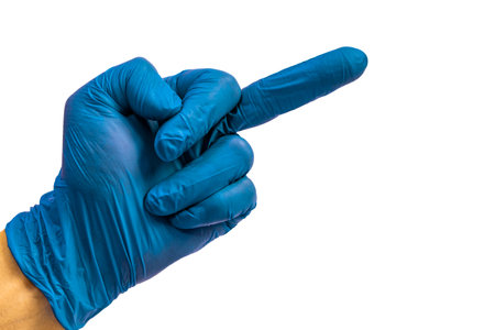 Hand in a medical glove. Gesture and symbol. Hand gesture. Concept for design. Medicine. Diagnosis....