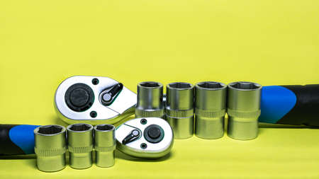 Keys and tools for car repair. Work equipment. Copy space. Concept for design and advertising.