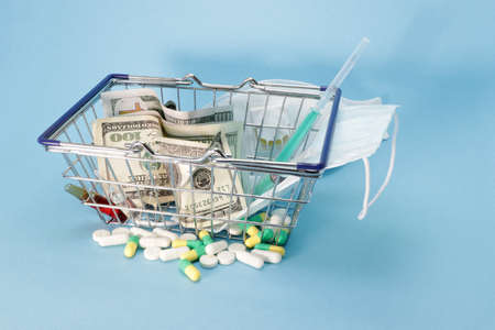Basket from the store with dolars and honey. Medical mask. Virus crisis concept. Copy space for...