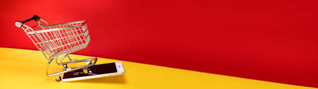 The cart from the store takes off on the smartphone. The concept of e-commerce, delivery of goods, online shopping.の写真素材
