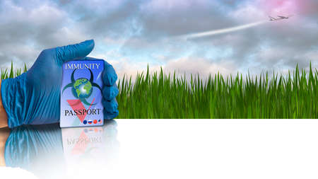 A hand in a medical glove holds an immunity passport. Green grass and a plane flying into the sky....