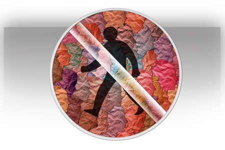 Road sign with people silhouettes. Social protest of society. Population protest. People of different nationalities in the form of crumpled paper silhouettes. Design concept. 3D-image.の写真素材