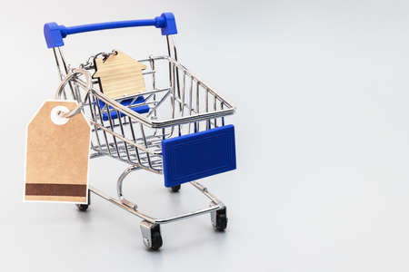The concept of mortgage, sale and rental of housing and real estate. Mortgage credit lending. A shopping cart with a house-shaped keychain and a sticker. Banner format. Copy spaceの写真素材
