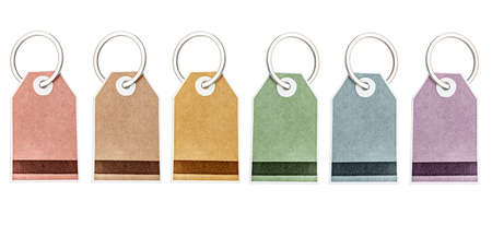 Multi-colored tags and stickers for goods on a metal ring. White isolated background. Concept for...