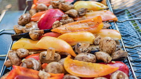 Vegetables on the grill close-up. Eggplants, peppers, mushrooms and garlic are roasted over charcoal. Vegetable grillの写真素材