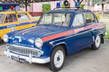 Old police car of the USSR times. Close-up. Retro car. Old special transport. Police carのeditorial素材