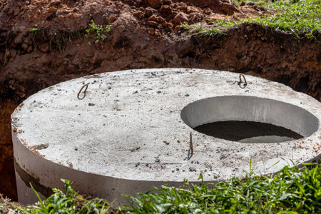 Installation of concrete sewer wells in the ground at the construction site. The use of reinforced concrete rings for cesspools, overflow septic tanks. Improvement of wells and storm sewageの写真素材